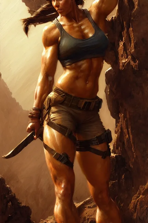 Image similar to muscular sweat lara croft, highly detailed painting by gaston bussiere, craig mullins, j. c. leyendecker 8 k