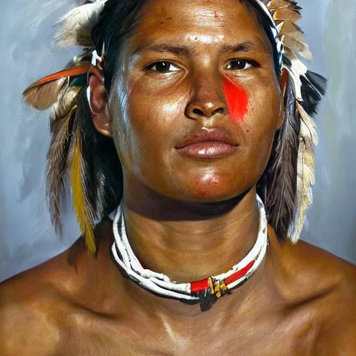 Image similar to high quality high detail painting by jenny saville, hd, full body of a indigenous tribe leader, photorealistic lighting