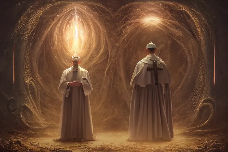 Prompt: 4 k hyperrealistic photorealistic matte painting photography of group circle pope priest in an invoking ritual in front of a viscosity cthulhu within a lovecraft portal, wide - angle portrait, atmospheric lighting, rich deep colors masterpiece, fractal crystals, fantasy portrait by tom bagshaw