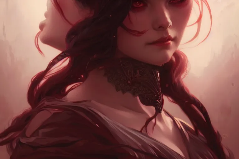 Image similar to Portrait of evil girl, D&D, red eyes, face, dark fantasy, intricate, elegant, highly detailed, digital painting, artstation, concept art, smooth, sharp focus, illustration, art by artgerm and greg rutkowski and alphonse mucha