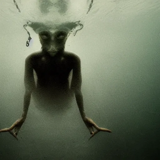 Image similar to sea monster about to eat pov underwater, pale skin, dark yellowish water, foggy water, dark, dramatic,'silent hill ', big eyes, alluring and terrifying, cinematic