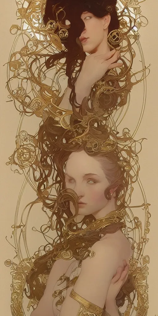 Prompt: beauty art nouveau woman, ivory and gold robotic, trending on artstation, by WLOP,Artgerm,Greg Rutkowski,Alphonse Mucha