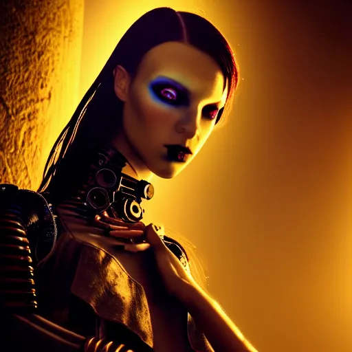 Image similar to photographic portrait of a stunningly beautiful gothic cyberpunk steampunk android female in soft dreamy light at sunset, god rays, contemporary fashion shoot, by edward robert hughes, annie leibovitz and steve mccurry, david lazar, jimmy nelsson, breathtaking, 8 k resolution, extremely detailed, beautiful, establishing shot, artistic, hyperrealistic, beautiful face, octane render