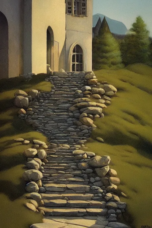 Prompt: stone steps fantasy landscape artstation by emilia dziubak, will terry, greg olsen, chris mars, ann long, and mark brooks, edward hopper dramatic, fairytale, art nouveau, victorian, gothic,