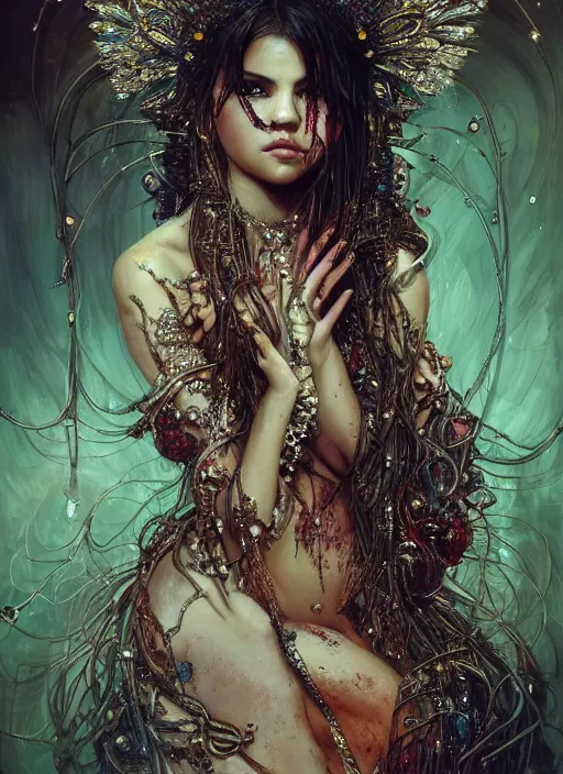 Image similar to expressive photo of selena gomez mixed with sophia lauren, bumpy mottled skin full of blood and scars, ornate headpiece made from crystals, cables and wires, hypermaximalist, elegant, body horror, by karol bak nd yoshitaka amano and greg rutkowski and jeremyg lipkinng and artgerm, photorealistic