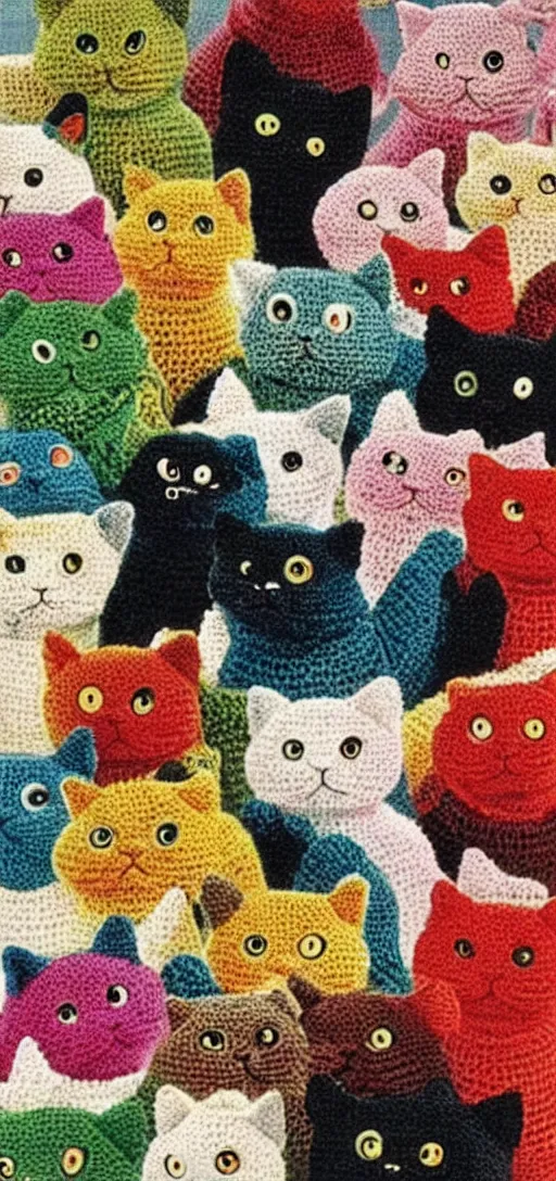 Prompt: multicolored crocheted cats, 1 9 5 0 s catalogue photo,