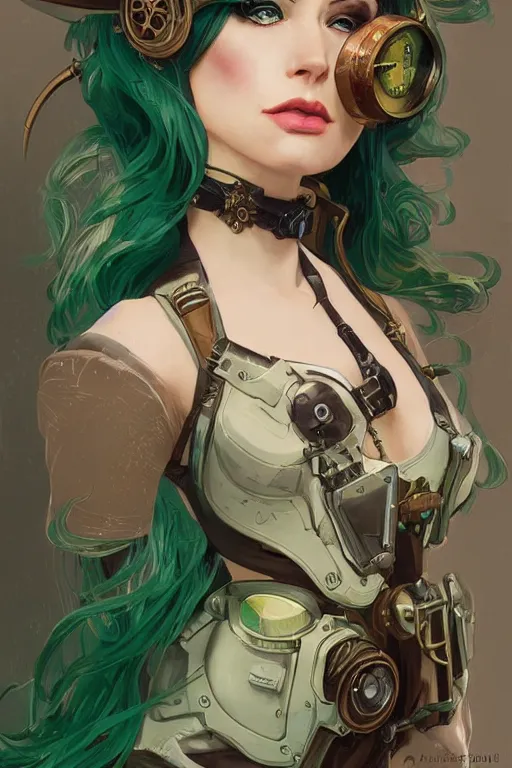 Image similar to beautiful woman with green hair as steampunk partial - cyborg, western gunslinger, smooth, sharp focus, illustration, highly detailed, digital painting, artstation, concept art, by disney animation, rossdraws, alphonse mucha, frank fanzzeta, collectible card art