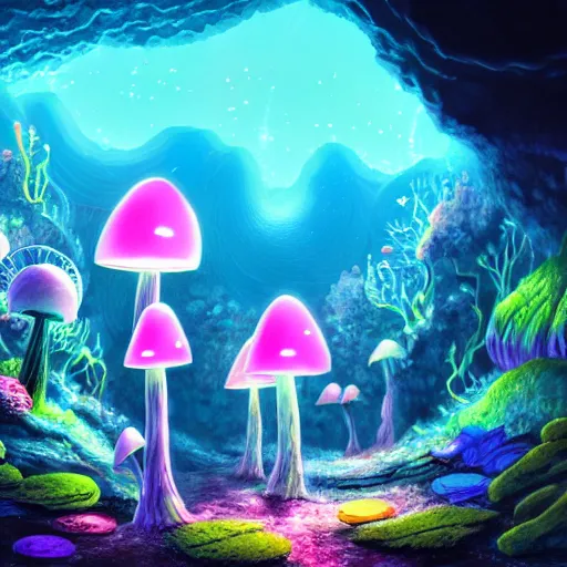 Image similar to deep sea cave, fantasy, neon mushrooms, illuminated by mushrooms, scenic underground environment, anime underwater landscape, cave, 8k, digital art, trending on art station