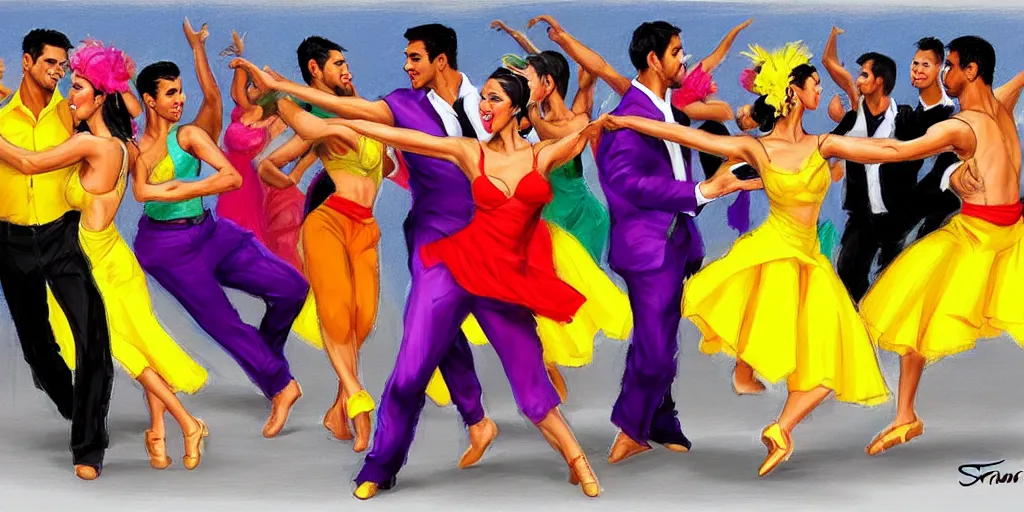 Prompt: Latino Cubans Dancers Dancing Gesture draw by Stanley Artgerm Lau, sun exploding on the background, Gesture draw, Salsa Social Dance, couple, lady using yellow dress, guy using the purple fancy suit, Salsa tricks, explosive background, WLOP, Rossdraws, Gesture draw, James Jean, Andrei Riabovitchev, Marc Simonetti, and Sakimichan, trending on artstation