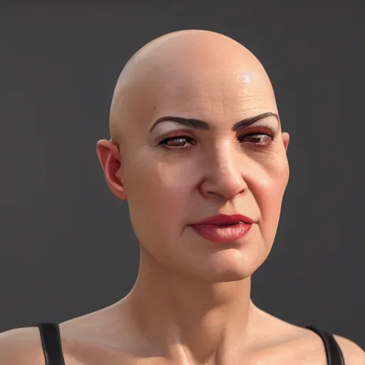 Prompt: a close up of a bald woman with olive skin, a character portrait by Eve Ryder, cgsociety, photorealism, unreal engine 5, unreal engine, prerendered graphics