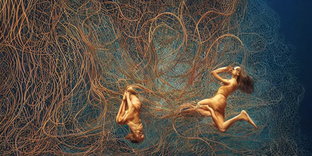 Prompt: 2 interconnected human bodies, 1 female, 1 male, connected by chaotic swirling biomorphic vines made out of flowers, suspended underwater, by peter gric, artgerm, greg rutkowski, smooth gradients, vibrant colors, high contrast, artstation, golden hour, sunrays, cinematic, octane render, 4 k, uhd, hdr