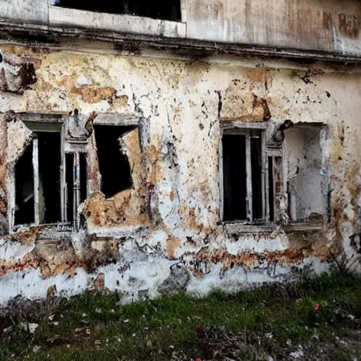 Image similar to fantastic painting intact on wall of a dilapidated war torn house