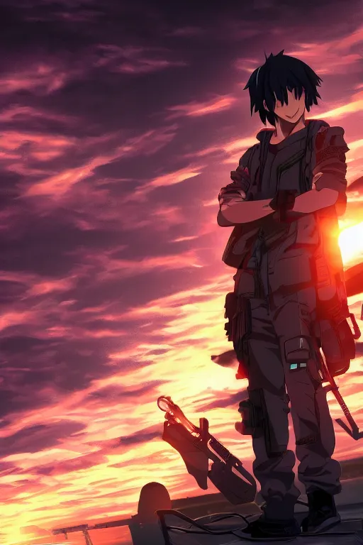 Image similar to beautiful anime man in a cyberpunk environment, sunset, very accurate and detailed, 8k