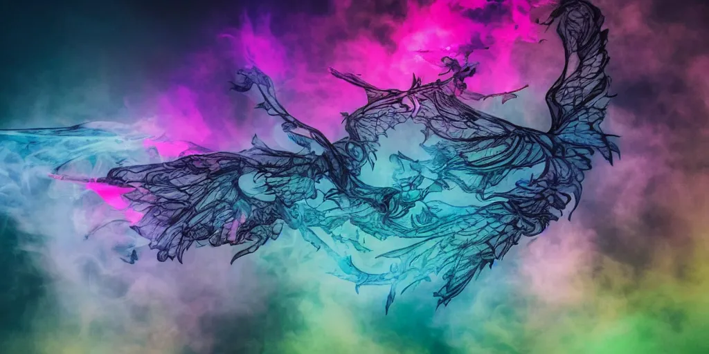 Prompt: dimly lit muted multi-color smoke (blues, greens), muted neon smoke, smoke reminiscent (shape) of fierce flying dragons with large outstretched wings as if flying over a large city park (city park), photographic, stunning, inspiring, super high energy, swift, fast, fleeting, 8K, 4K, UE5