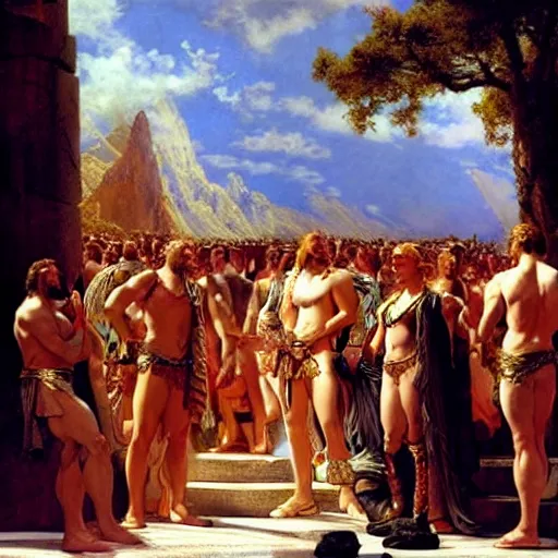 Image similar to hercules watches achilles while they wait in line to worship at zeus'feet, throne of olympus, heavenly marble, gods and goddesses in elegant clothes, painting by gaston bussiere, craig mullins, j. c. leyendecker, tom of finland