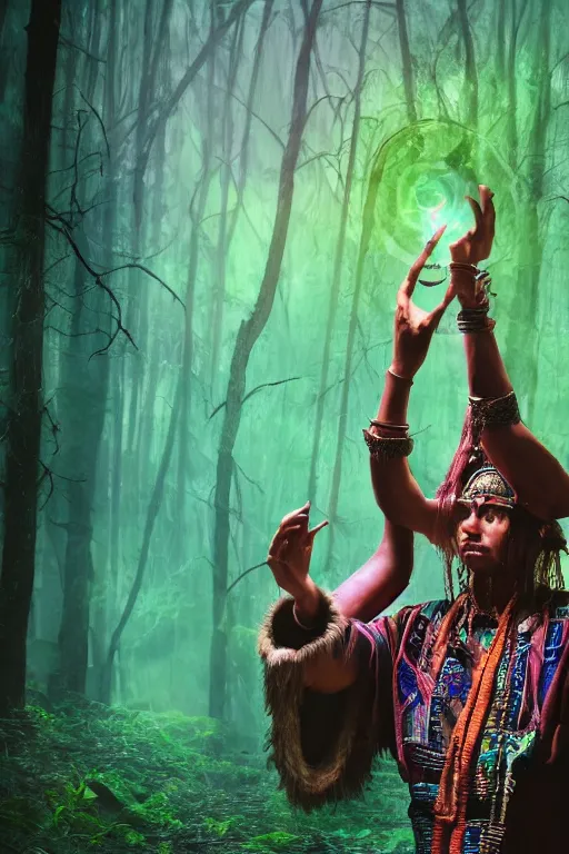 Image similar to photorealistic photo of an aztec sorcerer casting a powerful spell in a dark forest, ultra hd, hd, 4 k, highly detailed, small details, vaporwave colors, faded effect, 9 0 s vibe, detailed face, perfect face, realistic, national geographic cover,