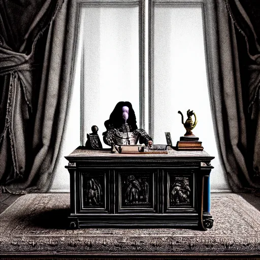 Image similar to An extremely detailed render of a mummy sitting at a Louis XIV desk, with very old curtains in the room. The desk has a 1880 phone on it. Dusty air, god rays, raytracing shadows, ambient occlusion, 8K, RTX 3090, trending on artstation, lumens