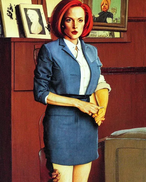 Prompt: a painting of Dana Scully by Norman Rockwell, sharp detail, saturday evening post