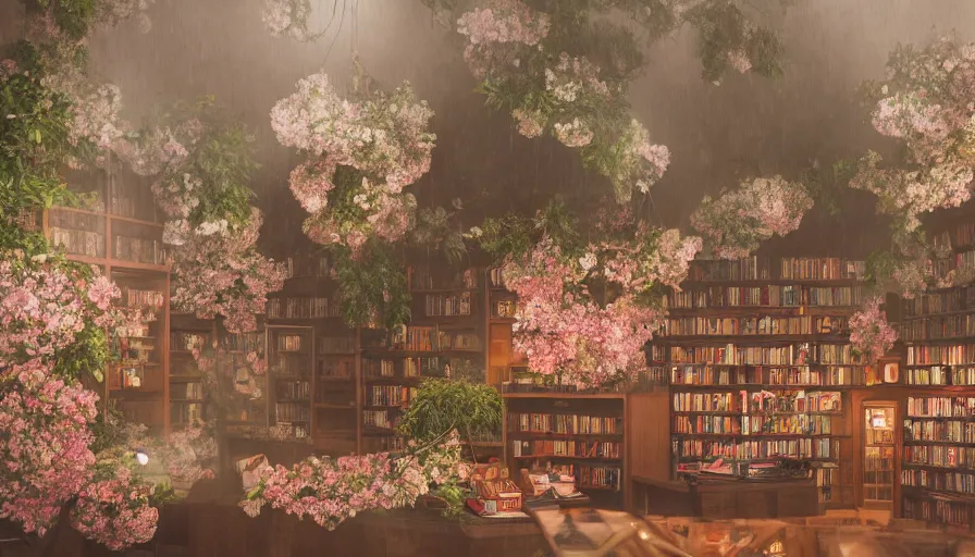 Image similar to a Wes Anderson 35mm film still of a very surreal magical bookstore with a beautiful waterfall inside, apothecary, botanical garden, falling cherry blossoms pedals, in the style of Gucci, glowing lights and floating lanterns, foggy atmosphere, rainy, moody, muted colors, magic details, very detailed, 8k, cinematic look, octane render, psychedelic,