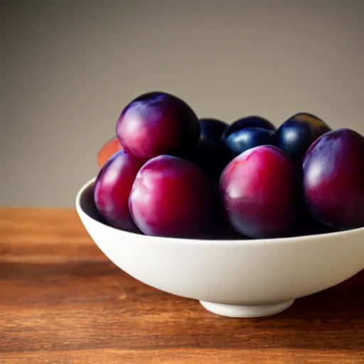 Image similar to a porcelain bowl filled with six large moist freshly picked plums. volumetric lighting. 4 k. small scale.