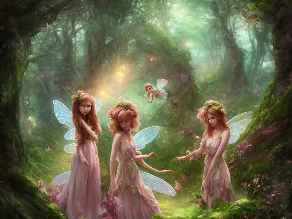 Image similar to two cute fairy in the dreamy forest, fantasy, dreamlike, 8 k resolution, hyper detailed, d & d, character design, digital painting, trending on artstation, sharp focus, illustration, art by artgerm, viktoria gavrilenko, hoang lap, fuji choko, steve zheng