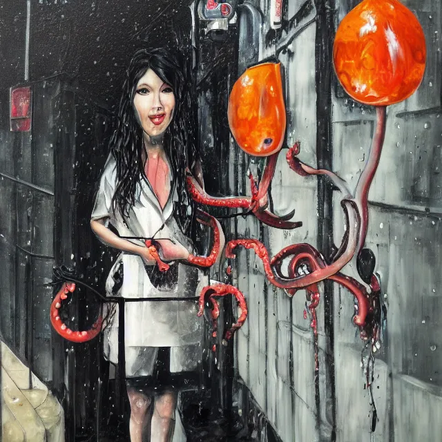 Image similar to a portrait in a dark laneway, a woman holding pancakes, streetlamps, wet, puddles, berries dripping, scientific instruments, ikebana, octopus, neo - expressionism, surrealism, acrylic and spray paint and oilstick on canvas