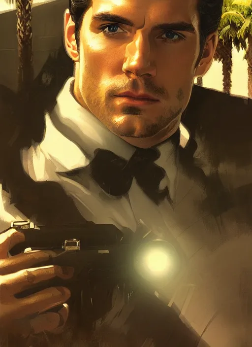 Image similar to portrait of henry cavill as james bond, key art, palm trees, vintage aston martin, highly detailed, digital painting, artstation, concept art, cinematic lighting, sharp focus, illustration, by gaston bussiere alphonse mucha