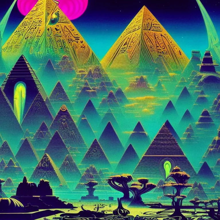 Image similar to mysterious egyptian dieties hovering over mystical crystal temple, infinite fractal waves, synthwave, bright neon colors, highly detailed, cinematic, eyvind earle, tim white, philippe druillet, roger dean, ernst haeckel, lisa frank, aubrey beardsley, stanley kubrick