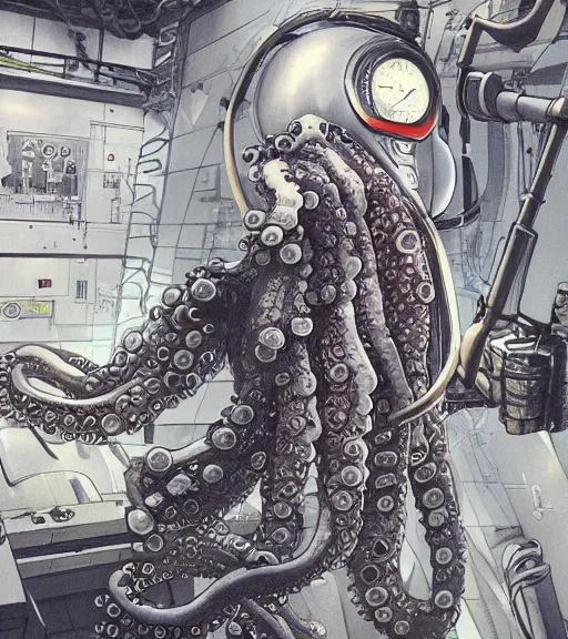 Image similar to a cybernetic realistic octopus in a space station, techwear, Industrial Scifi, detailed illustration, character portrait, by Ashley Wood and Moebius