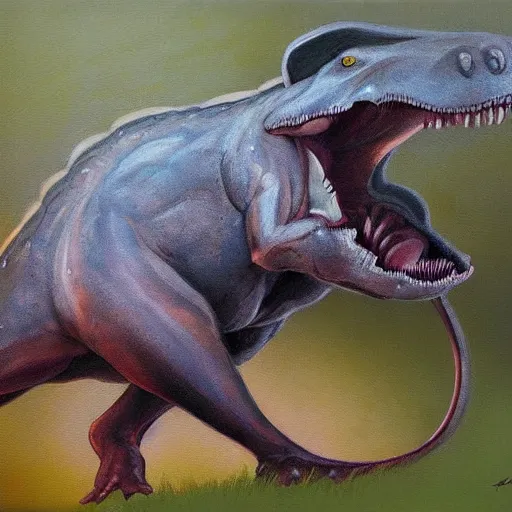 Image similar to mouse dino, epic pose, fine painting