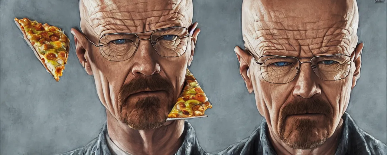 Prompt: epic portrait of walter white with pizza on his head from breakingbad, detailed, digital painting, artstation, concept art, donato giancola, joseph christian leyendecker, wlop, boris vallejo, breathtaking, high details, extremely detailed, establishing shot, artistic, hyper realistic, still shot from breakingbad series - h 7 6 8