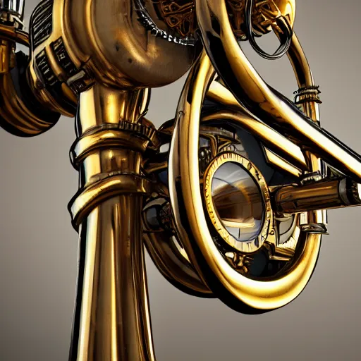 Prompt: steampunk trombone-train waits for no-one cinematic lighting vray 8k low angle shallow depth of field