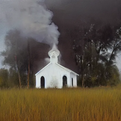 Prompt: a burning old wooden white church, in a bayou, louisiana, southern gothic, painted by greg ratwoski