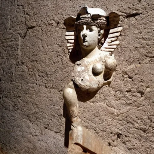 Image similar to winged athena holding a helmet unearthed inside an etruscan villa 1 0 0 bc