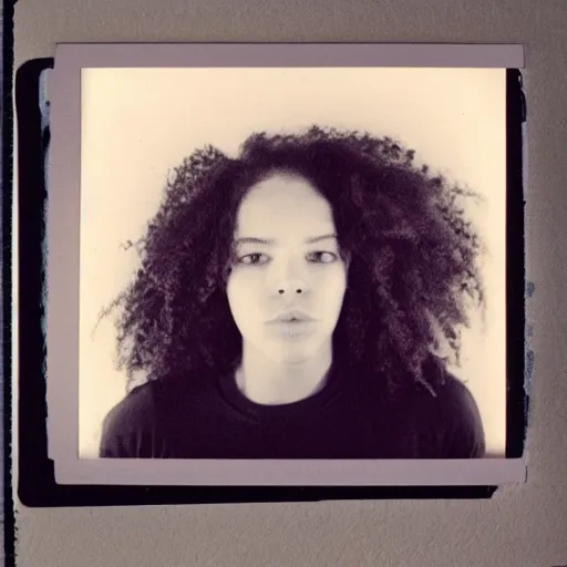 Image similar to polaroid picture, beautiful light - skinned teenage girl, symmetrical face, curly hair, afro, full shot, artistic, black and white, eerie, francesca woodman style