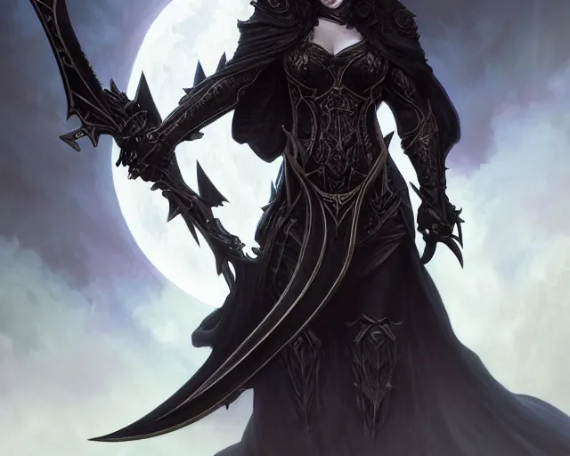 Image similar to demon hunter black gothic crossbow dramatic moon poser, deep focus, d & d, fantasy, intricate, elegant, highly detailed, digital painting, artstation, concept art, matte, sharp focus, illustration, hearthstone, art by artgerm and greg rutkowski and alphonse mucha