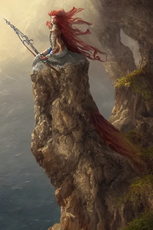 Prompt: concept illustration, trending on artstation, highly detailed, 8k, fantasy, woman standing on top of a cliff, holding a spear, looking down with fury