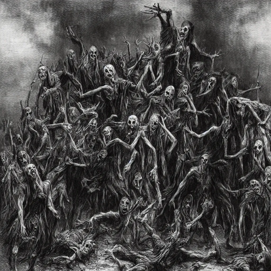 Image similar to night of the living dead, creepy atmosphere, dark, realistic, illustration by gustave dore