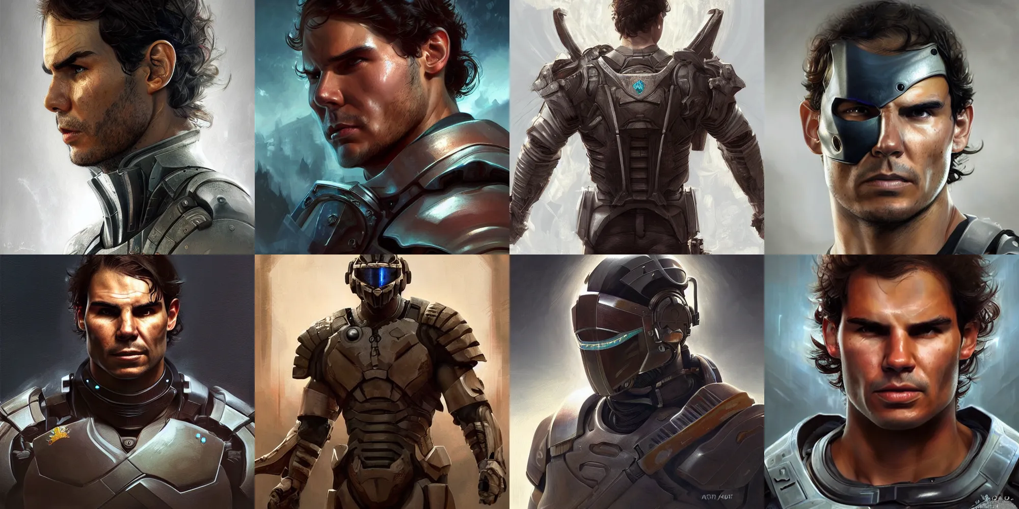 Prompt: Rafael Nadal from Dead Space, half body portrait, videogame cover art, highly detailed, digital painting, artstation, concept art, smooth, detailed armor, sharp focus, beautiful face, illustration, art by Artgerm and greg rutkowski and alphonse mucha