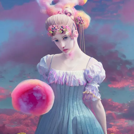 Prompt: 8 k, octane render, realism, tonalism, renaissance, rococo, baroque, portrait of a young lady wearing long harajuku manga dress with flowers and skulls, cotton candy!! ( background chaotic gold leaf flowers )