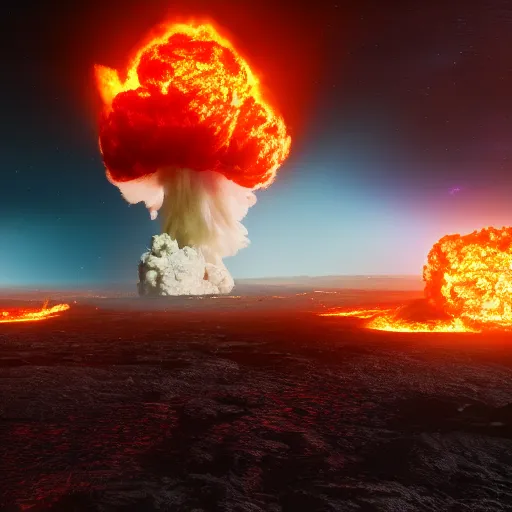 Prompt: nuclear explosion + burning mushroom cloud + hyper real + unreal engine 5 + view from space + beautiful lighting + post processing + 4k