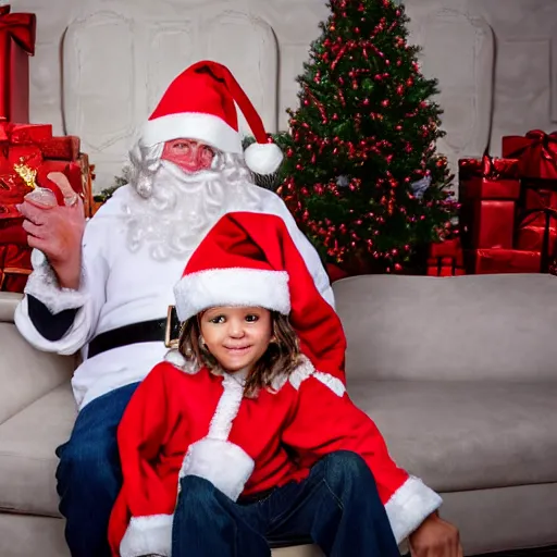 Prompt: Holiday Mall Santa Photo of child with the face of Hulk Hogan sitting on Hulk Hogan’s lap, 8k hyper realistic HDR