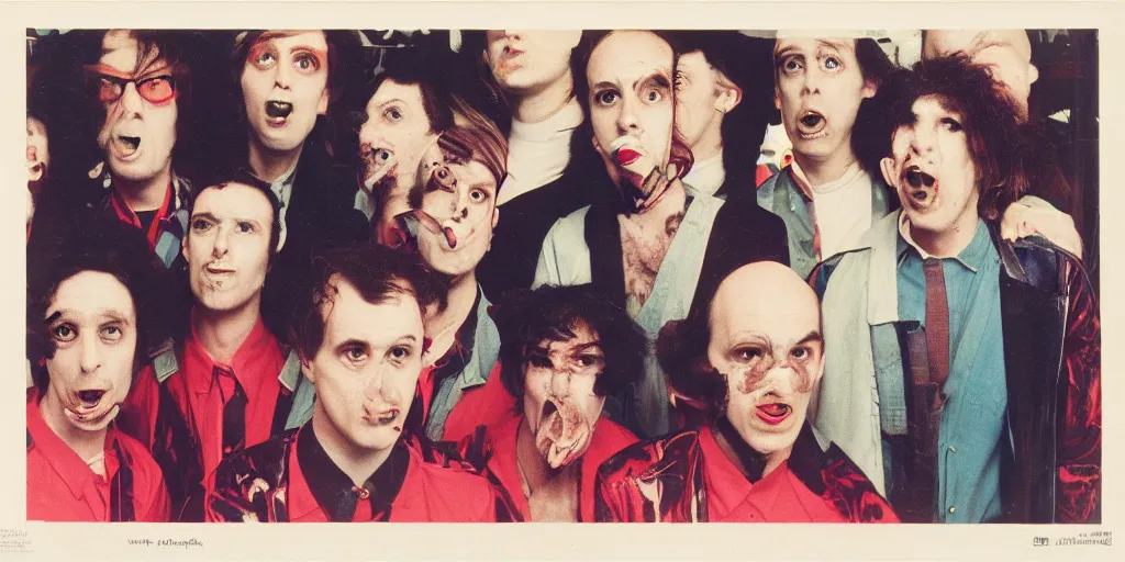 Image similar to polymer prymaat coneheads french band, 1980s surrealism aesthetic, detailed facial expressions