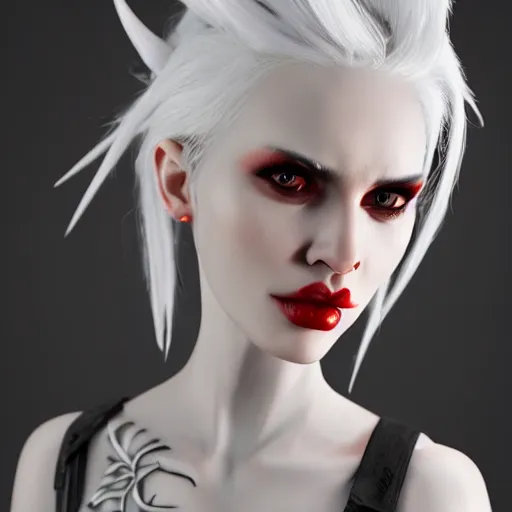 Image similar to a highly detailed portrait of a humanoid demon girl with white hair, red horns, in white clothes, artstation, deviantart, professional, unreal engine 5, photorealistic