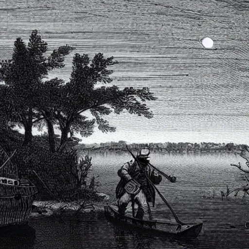 Image similar to colonial soldier crossing river boat landscape waves winter moonlight line art
