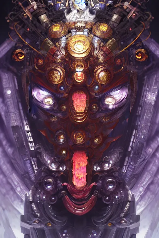 Image similar to asura from chinese myth, ghost, gorgeous and huge head ornaments, dystopian, cyberpunk, organic fractal mycelum and fungi, mecha, halfturn portrait of a big crystal face made of crystals half - turn, ominous, intricate, studio, art by anthony macbain + greg rutkowski + alphonse mucha, concept art, 4 k, sharp focus