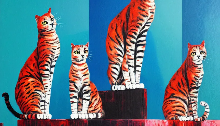 Image similar to contemporary semi abstract acrylic painting of really tall cats by cath kidston, by greg rutkowski, kessler art, thick brush strokes and visible paint layers, multicolor color scheme