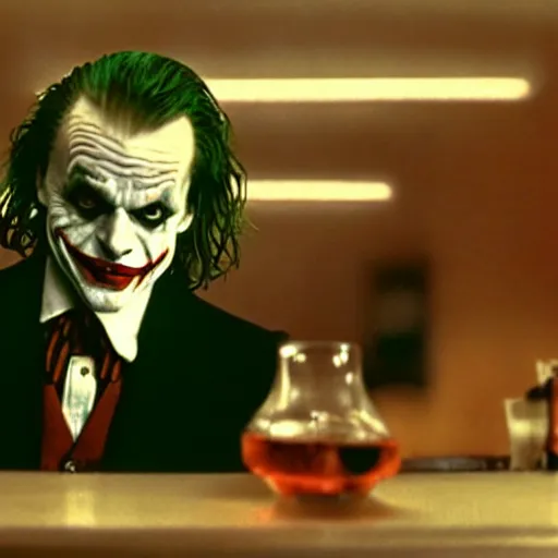 Image similar to jack torrance as the joker in the shining, sitting at the bar with whiskey, widescreen shot, anamorphic film, screenshot by stanley kubrick