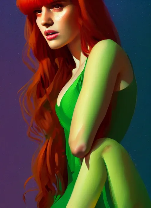 Image similar to full body portrait of teenage cheryl blossom, bangs, green eyes, mischievous expression, red hair, sultry smirk, bangs and wavy hair, intricate, elegant, glowing lights, highly detailed, digital painting, artstation, concept art, smooth, sharp focus, illustration, art by wlop, mars ravelo and greg rutkowski