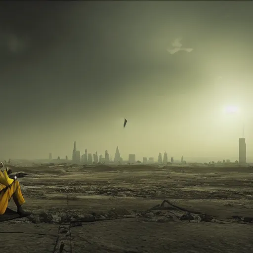 Image similar to a beautiful award-winning photo of the last man on Earth wearing a hazmat suit, sitting and depressed, serene post-nuclear background, a huge nuclear cloud, a mirage of a skyline of a destroyed city, numerous fires, volumetric lighting, haze, very high quality, extremely detailed, subtle visual noise, unreal engine 5, 8K